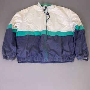 Vintage Holloway Windbreaker Jacket XL Colorblock White Teal Navy Blue USA *Wear